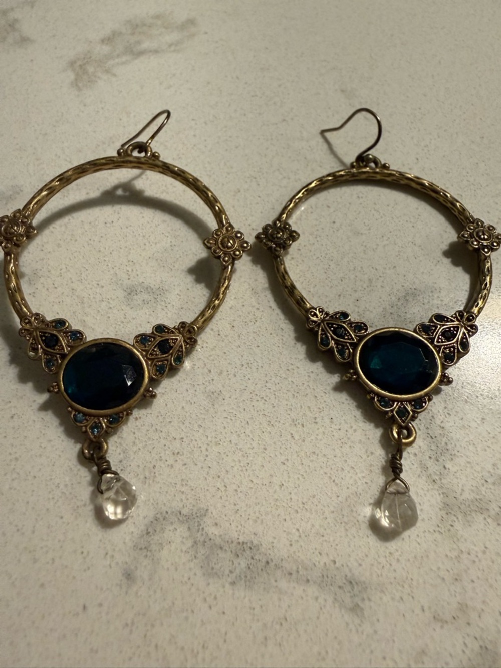 Gold-Tone Hoop Earrings with Deep Teal Stone and Crystal Drop